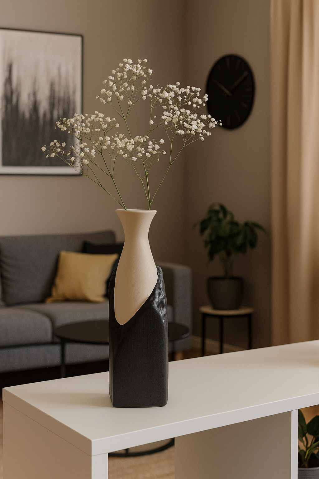 Seramik Büyük Begonvil Vazo 33×9 cm – Siyah & Bej