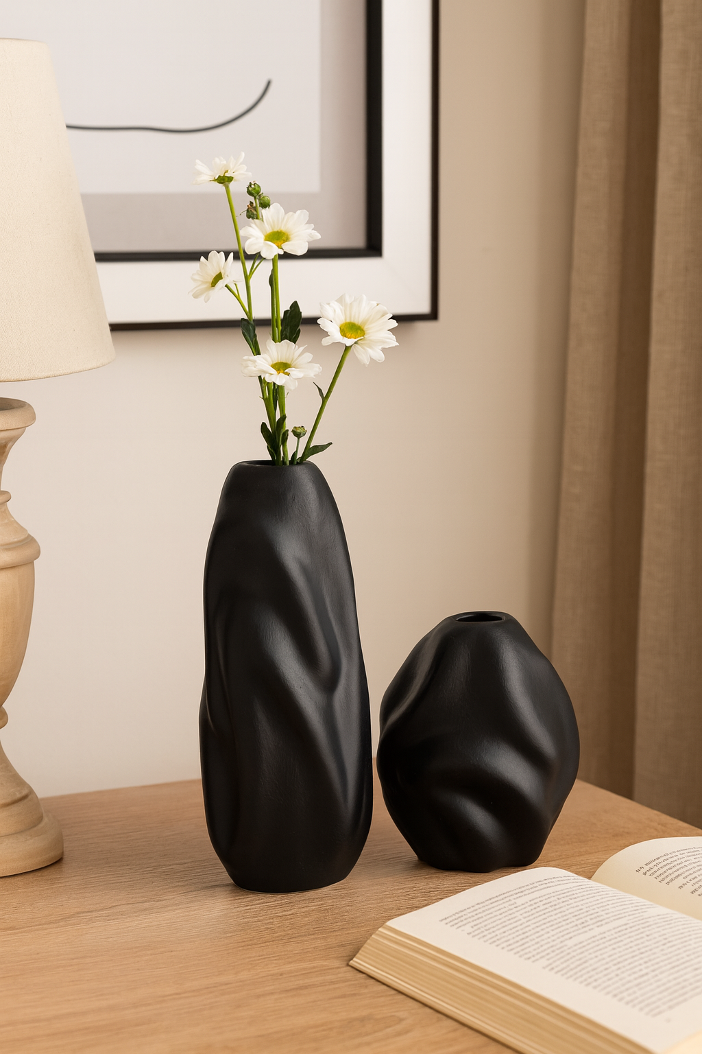Seramik İkili Dalgalı Vazo Siyah (K:18x16 – B:27x13 cm) Minimal Modern Dekoratif Set