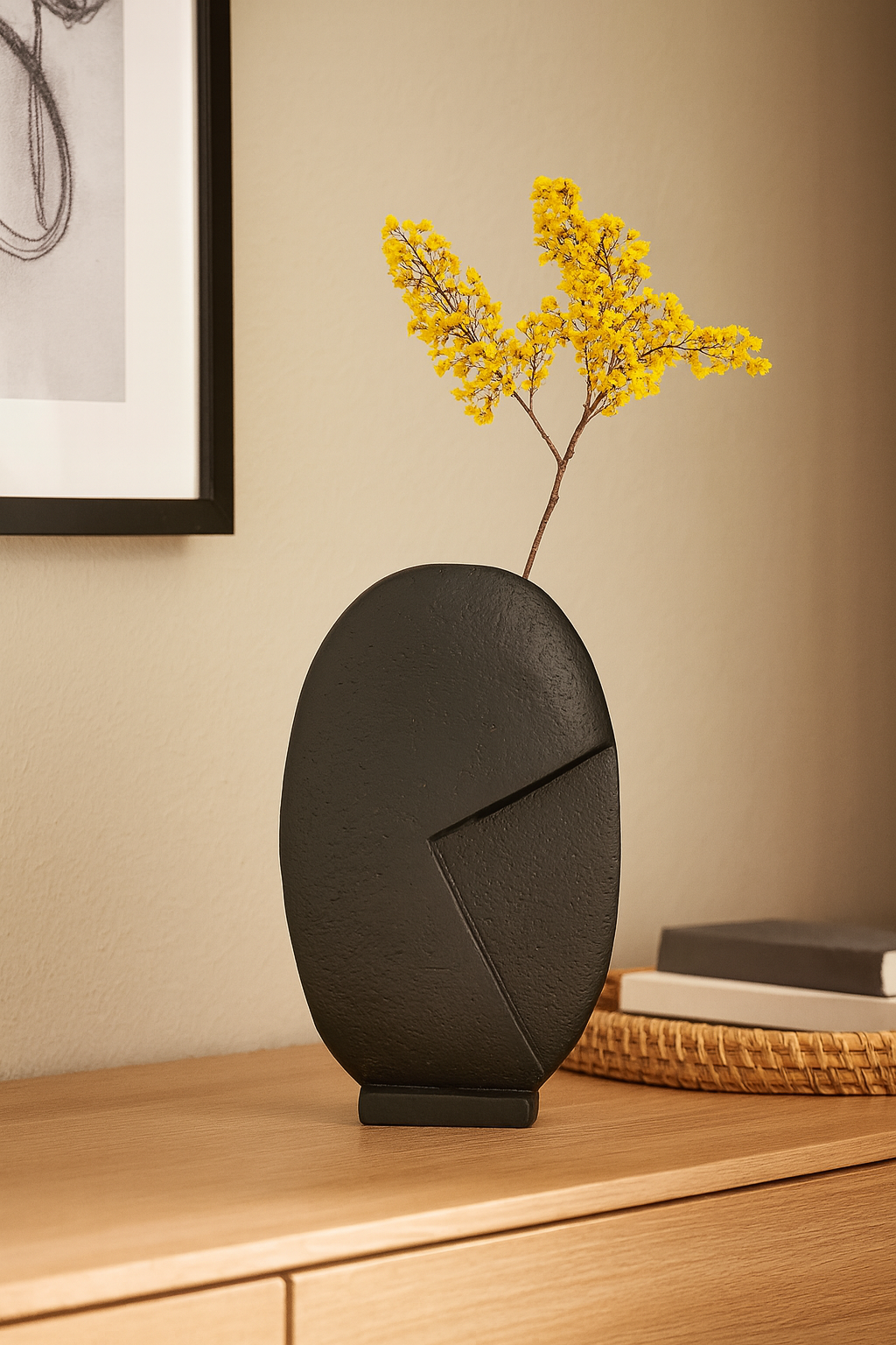 Seramik Taş Vazo Siyah 37,5x23,5 cm Minimal Modern Dekoratif Vazo