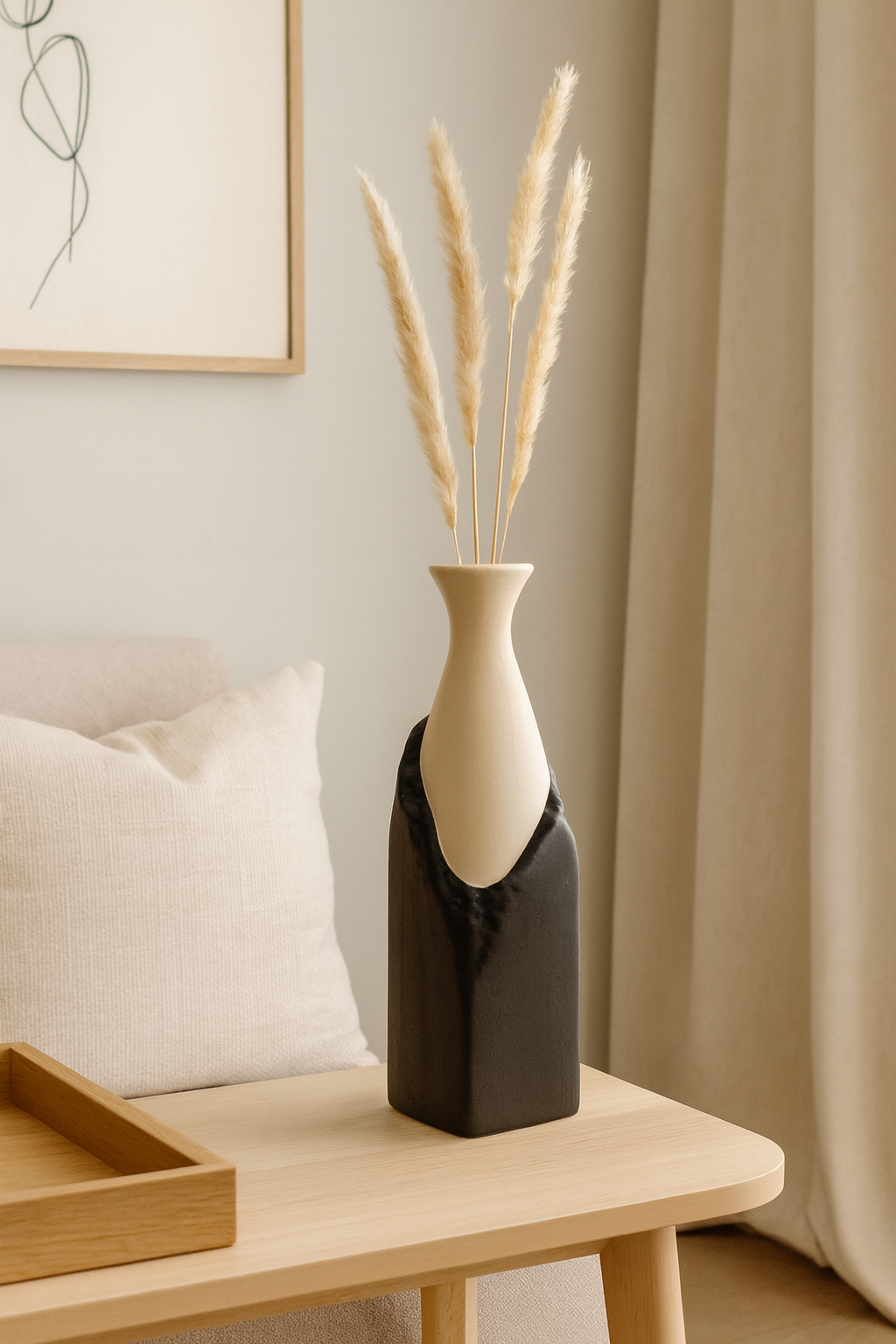 Seramik Büyük Begonvil Vazo 33×9 cm – Siyah & Bej