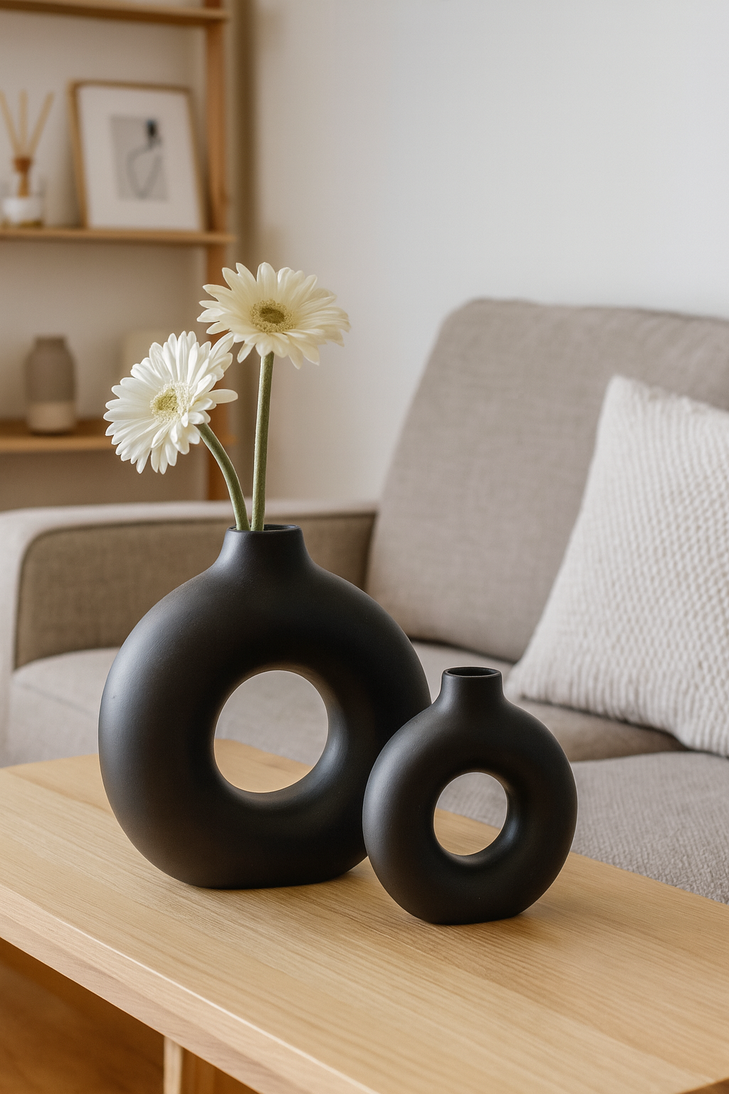Seramik İkili Halkalı Dekoratif Vazo Seti - Siyah (K:19,5x18 cm / B:29x29 cm