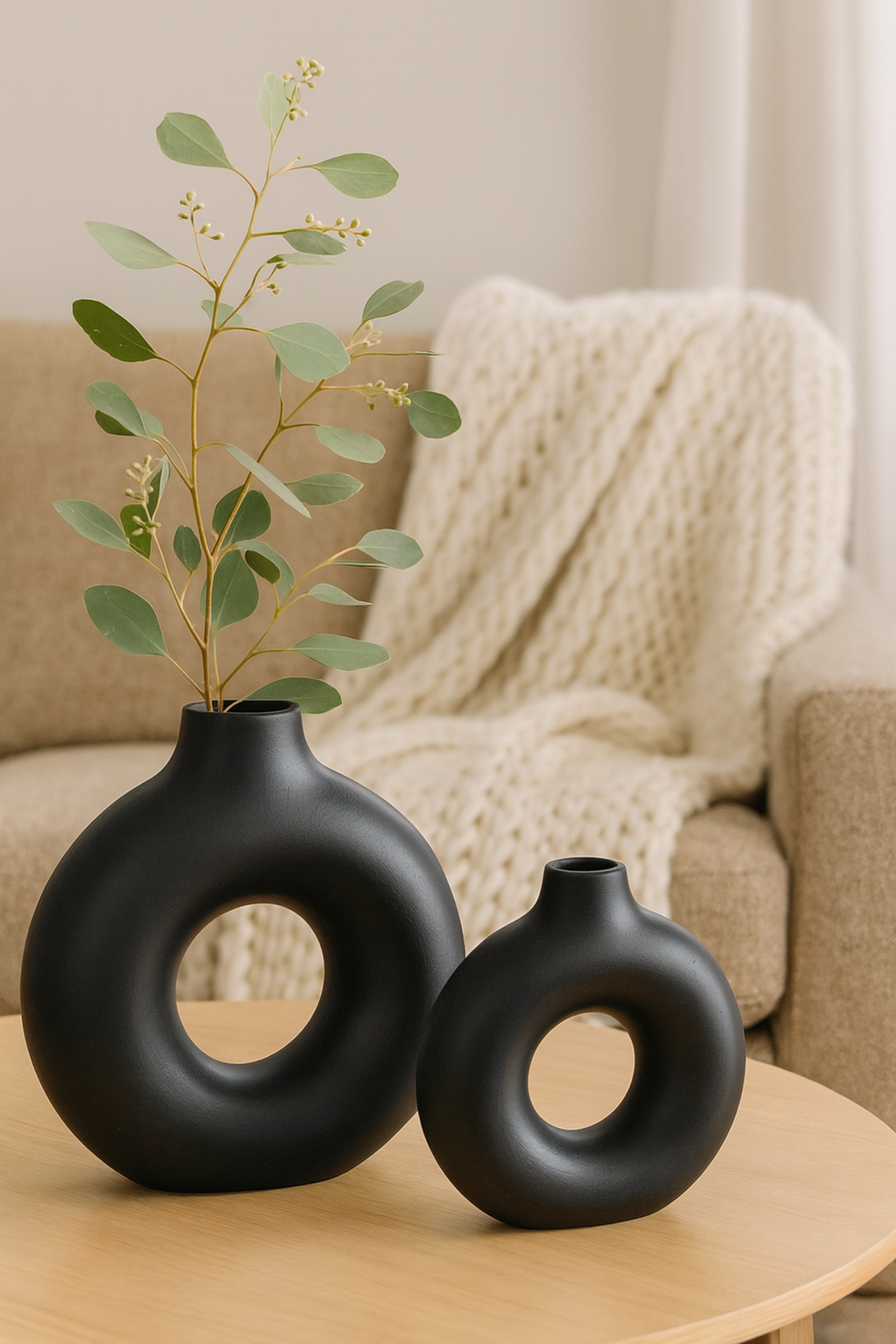 Seramik İkili Halkalı Dekoratif Vazo Seti - Siyah (K:19,5x18 cm / B:29x29 cm