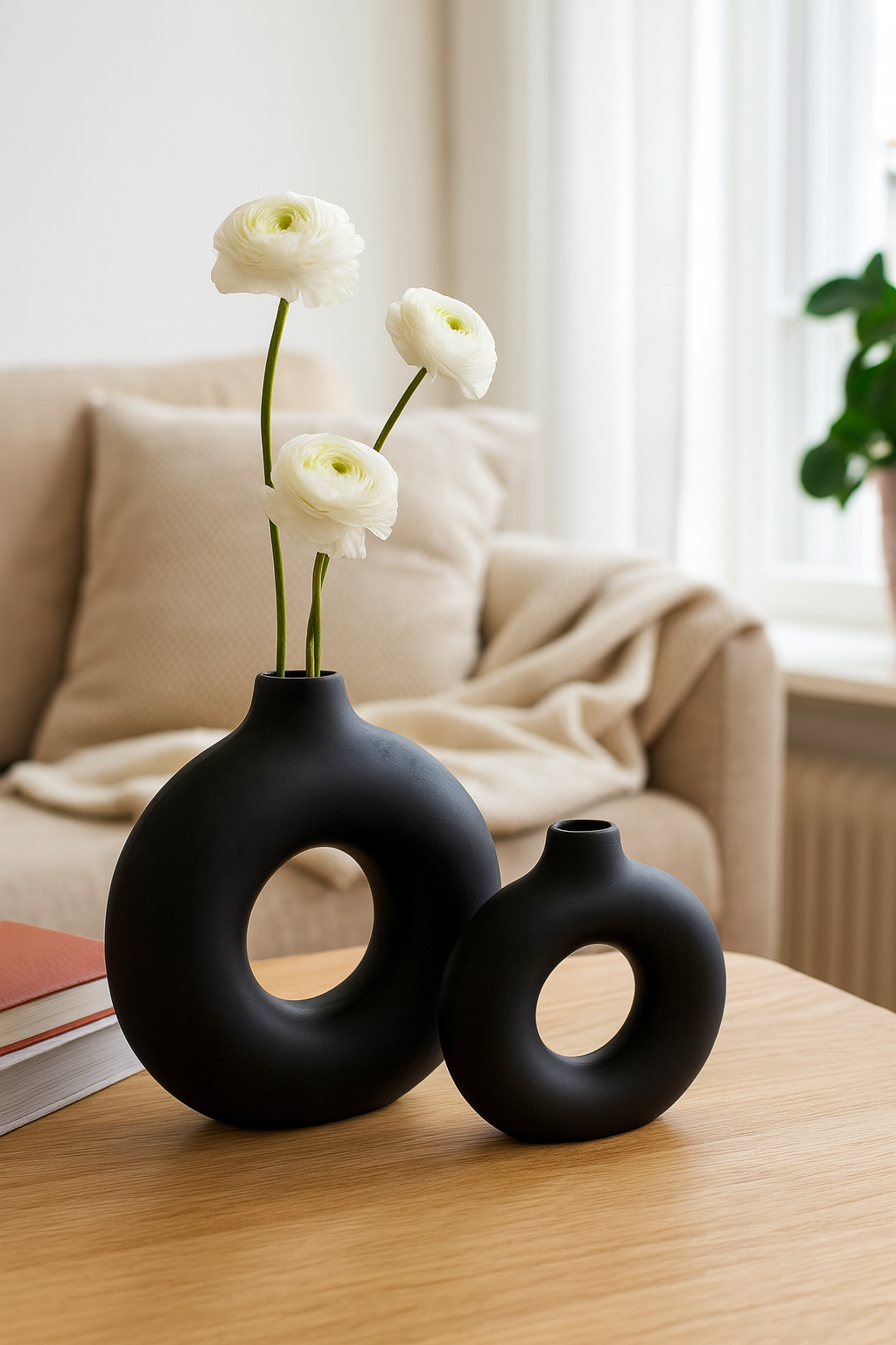 Seramik İkili Halkalı Dekoratif Vazo Seti - Siyah (K:19,5x18 cm / B:29x29 cm