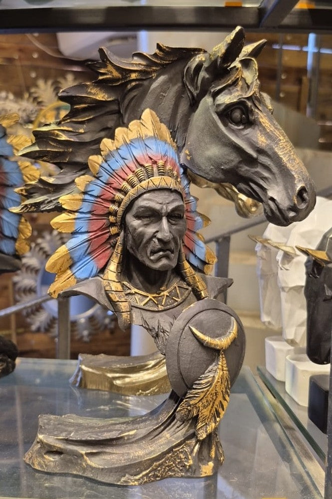 Kızılderili ve At Büstü | 30x20 cm | Dekoratif Polyester Heykel