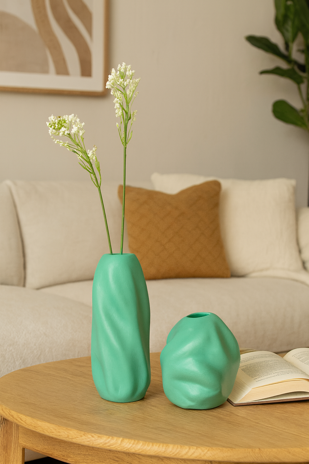 Seramik İkili Dalgalı Vazo Yeşil (K:18x16 – B:27x13 cm) Modern Dekoratif Set