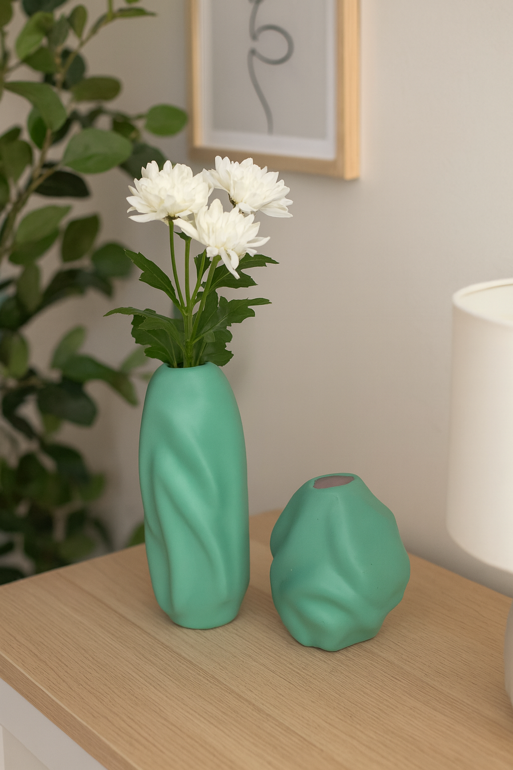 Seramik İkili Dalgalı Vazo Yeşil (K:18x16 – B:27x13 cm) Modern Dekoratif Set