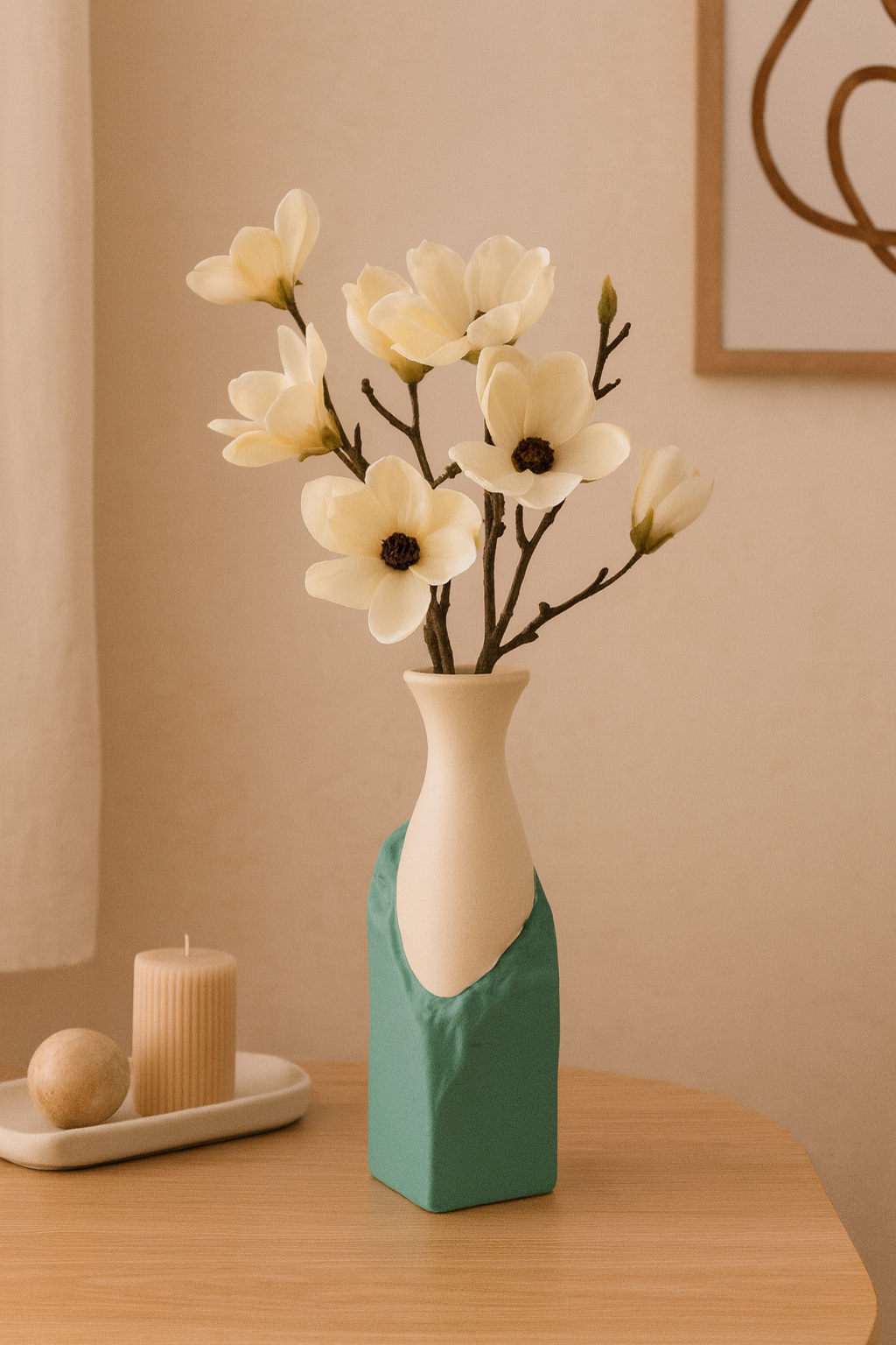 Seramik Büyük Begonvil Vazo 33×9 cm – Yeşil & Bej