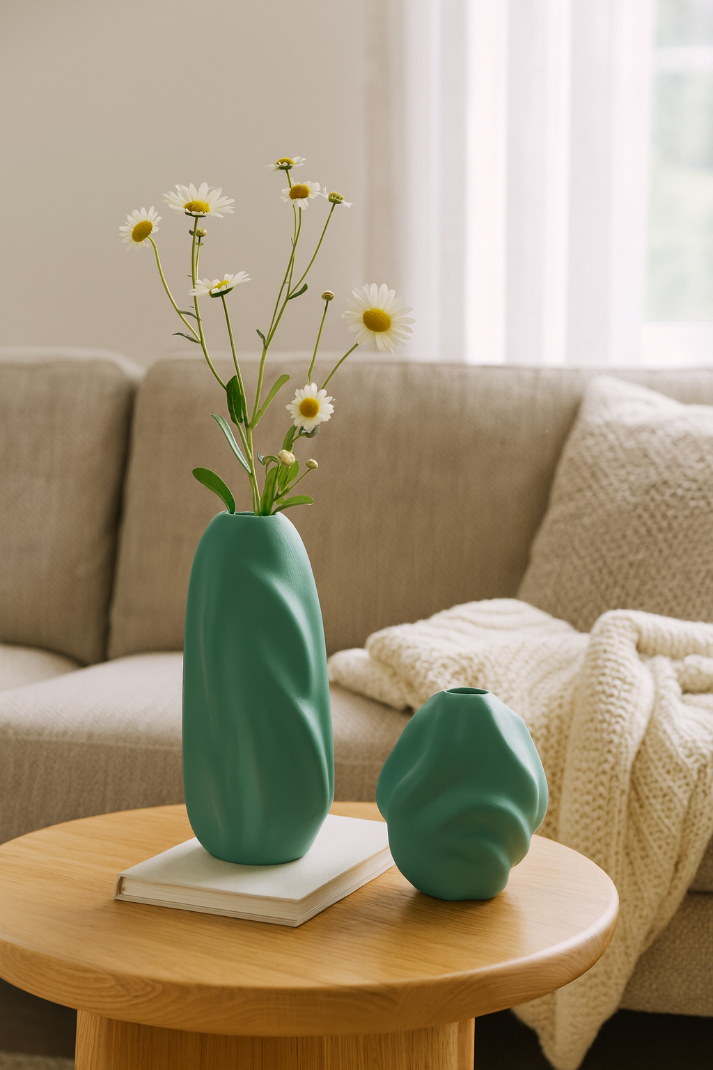 Seramik İkili Dalgalı Vazo Yeşil (K:18x16 – B:27x13 cm) Modern Dekoratif Set