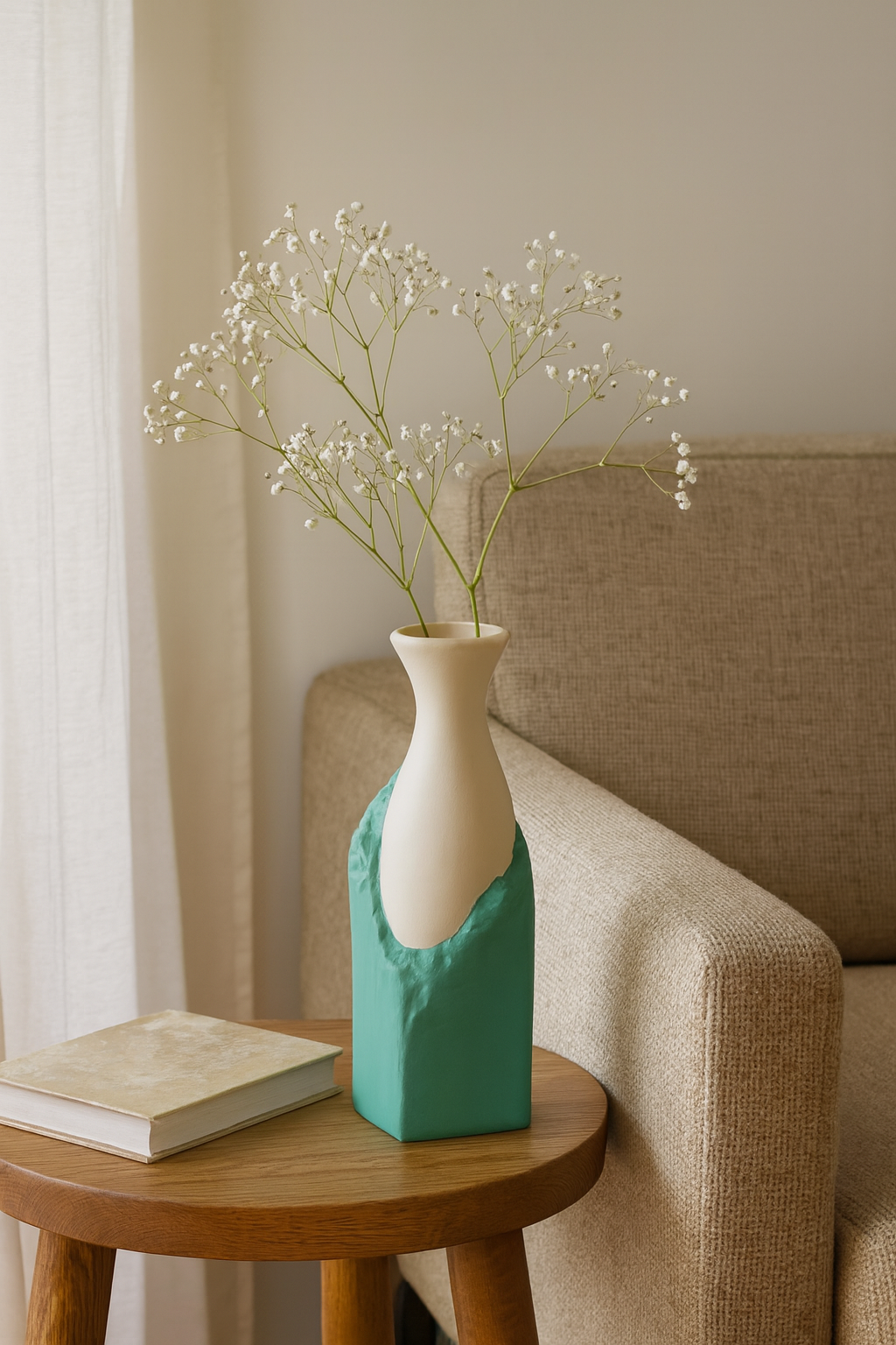 Seramik Büyük Begonvil Vazo 33×9 cm – Yeşil & Bej