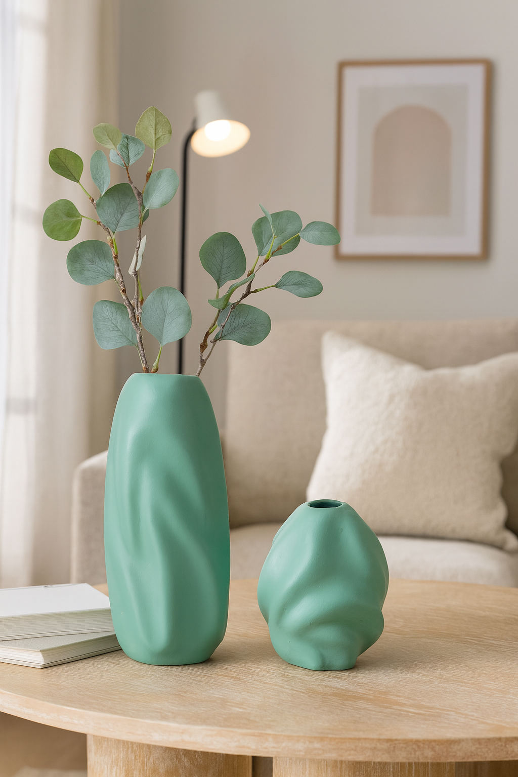 Seramik İkili Dalgalı Vazo Yeşil (K:18x16 – B:27x13 cm) Modern Dekoratif Set