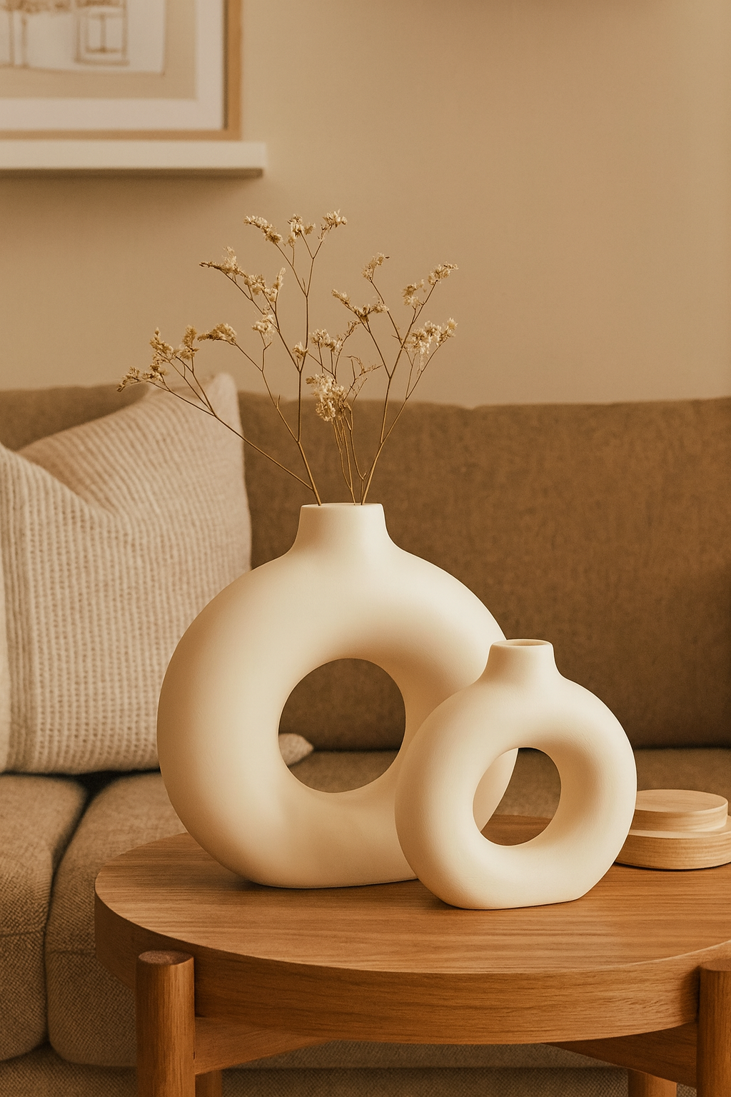 Dekoratif İkili Halkalı Seramik Vazo Seti – Mat Bej (K:19,5×18 cm | B:29×29 cm)