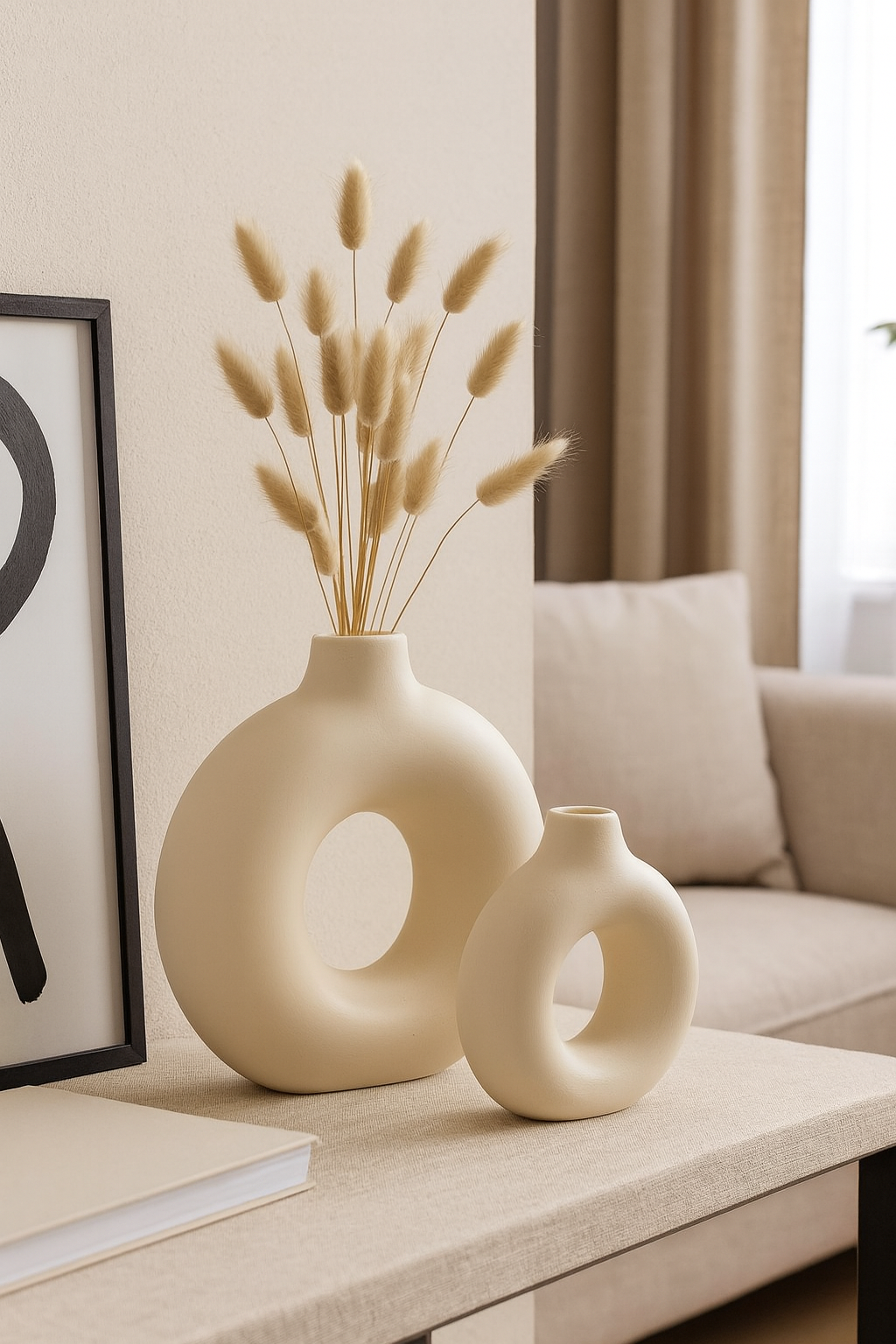 Dekoratif İkili Halkalı Seramik Vazo Seti – Mat Bej (K:19,5×18 cm | B:29×29 cm)