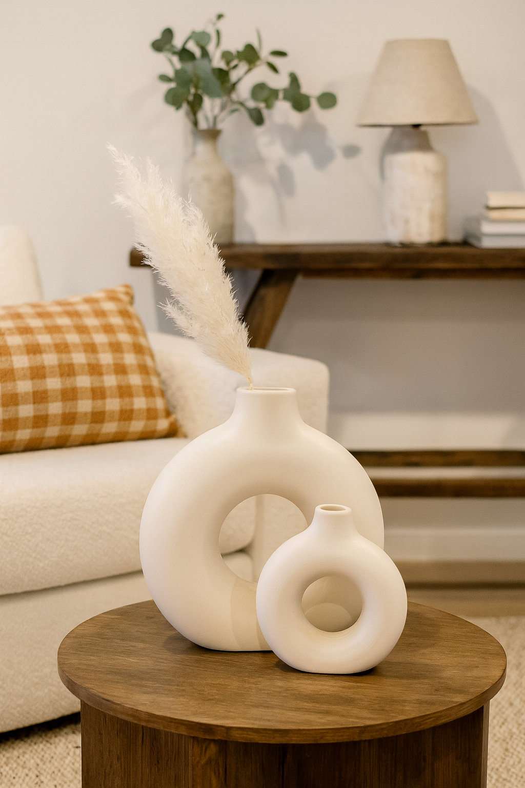 Dekoratif İkili Halkalı Seramik Vazo Seti – Mat Bej (K:19,5×18 cm | B:29×29 cm)