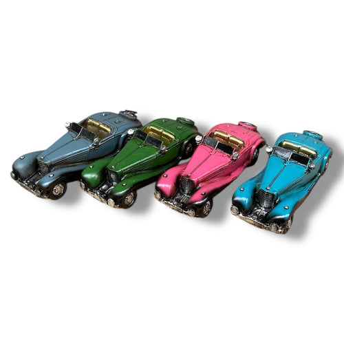 4’lü Klasik Araba Biblo Seti – Retro Dekoratif Koleksiyon – 27x7 cm (Mavi, Yeşil, Pembe, Turkuaz)