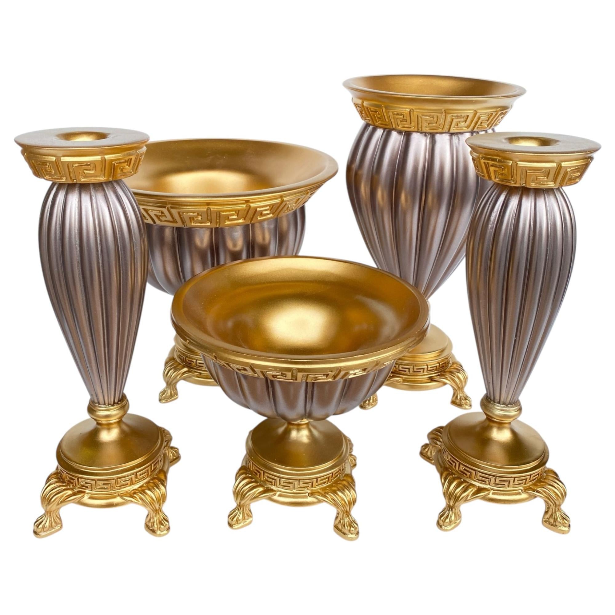 Gri Altın Polyester 5’li Salon Vazo Takımı