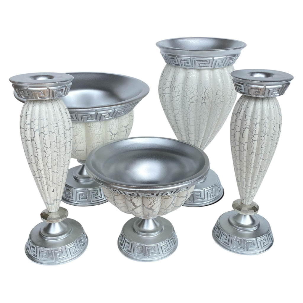 Krem Gümüş Polyester 5’li Salon Vazo Takımı