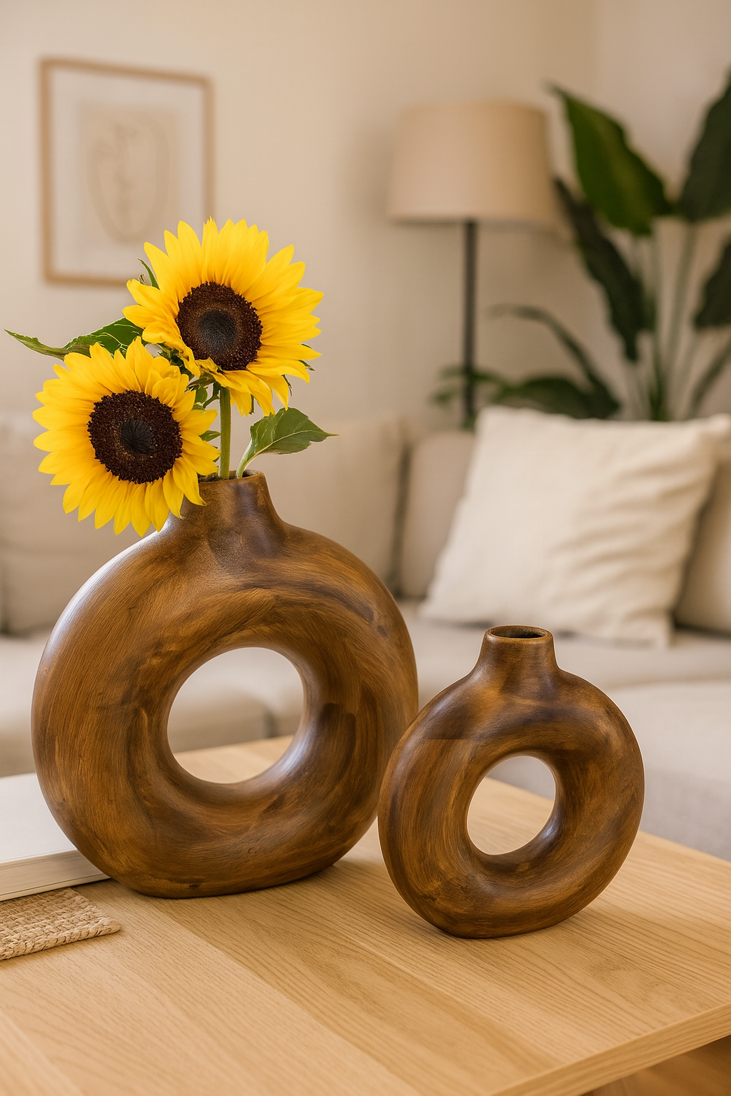 Seramik İkili Halkalı Dekoratif Vazo Seti - Kahverengi (K:19,5x18 cm / B:29x29 cm)