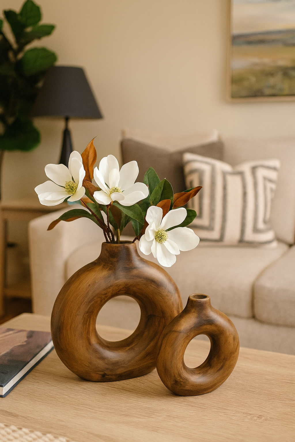 Seramik İkili Halkalı Dekoratif Vazo Seti - Kahverengi (K:19,5x18 cm / B:29x29 cm)