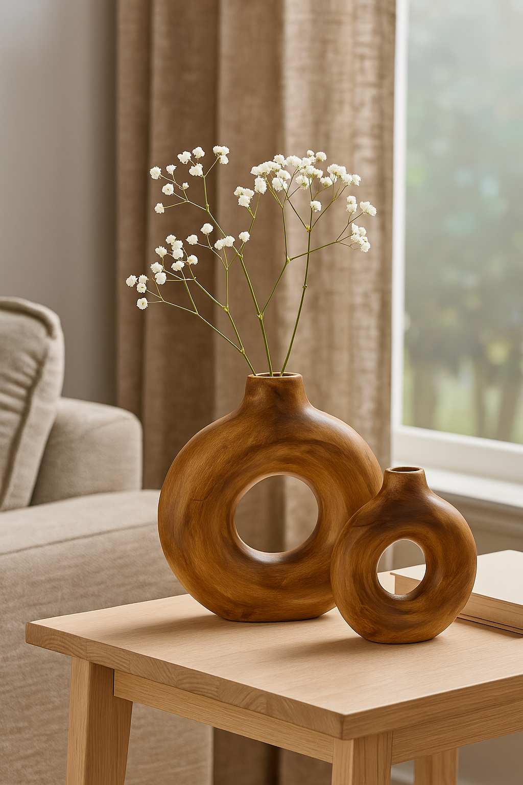 Seramik İkili Halkalı Dekoratif Vazo Seti - Kahverengi (K:19,5x18 cm / B:29x29 cm)