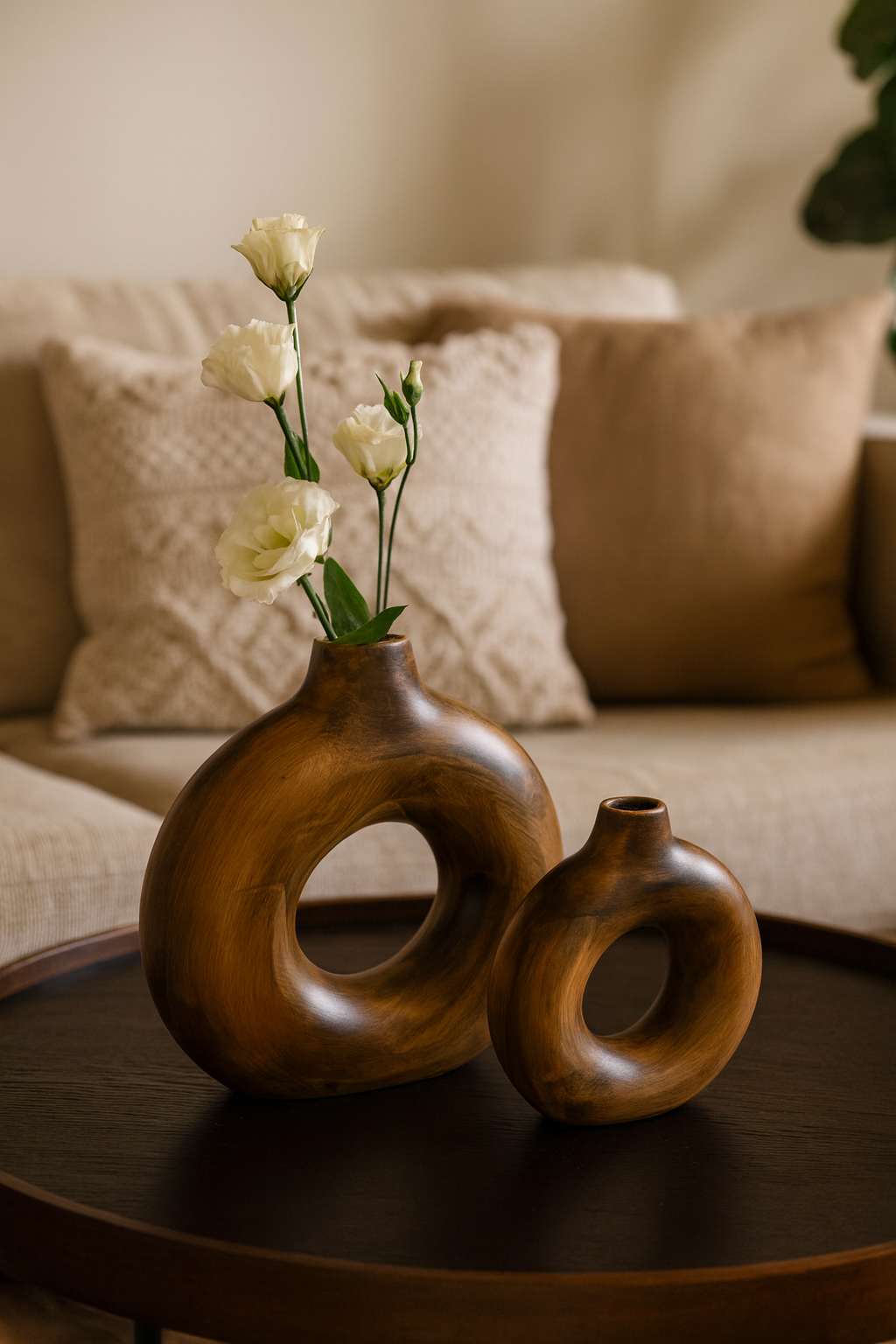 Seramik İkili Halkalı Dekoratif Vazo Seti - Kahverengi (K:19,5x18 cm / B:29x29 cm)