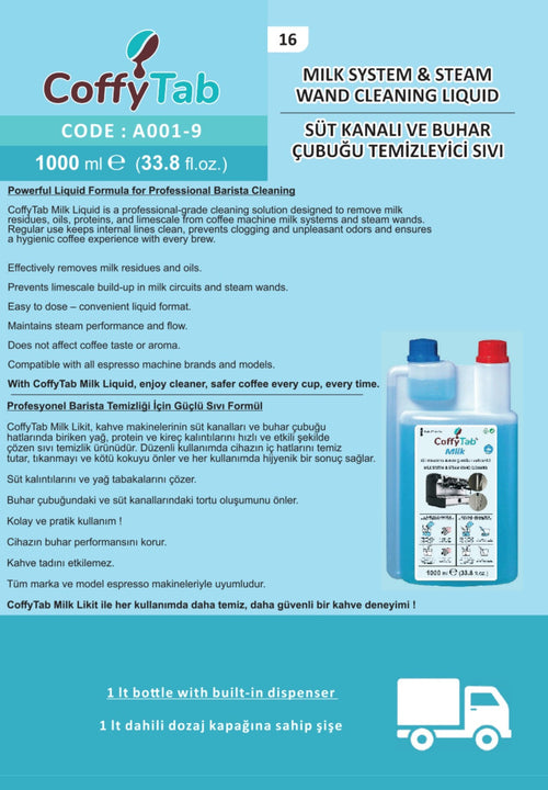 CoffyTab Süt Kanalı ve Buhar Çubuğu Temizleyici Sıvı – 1000 ml