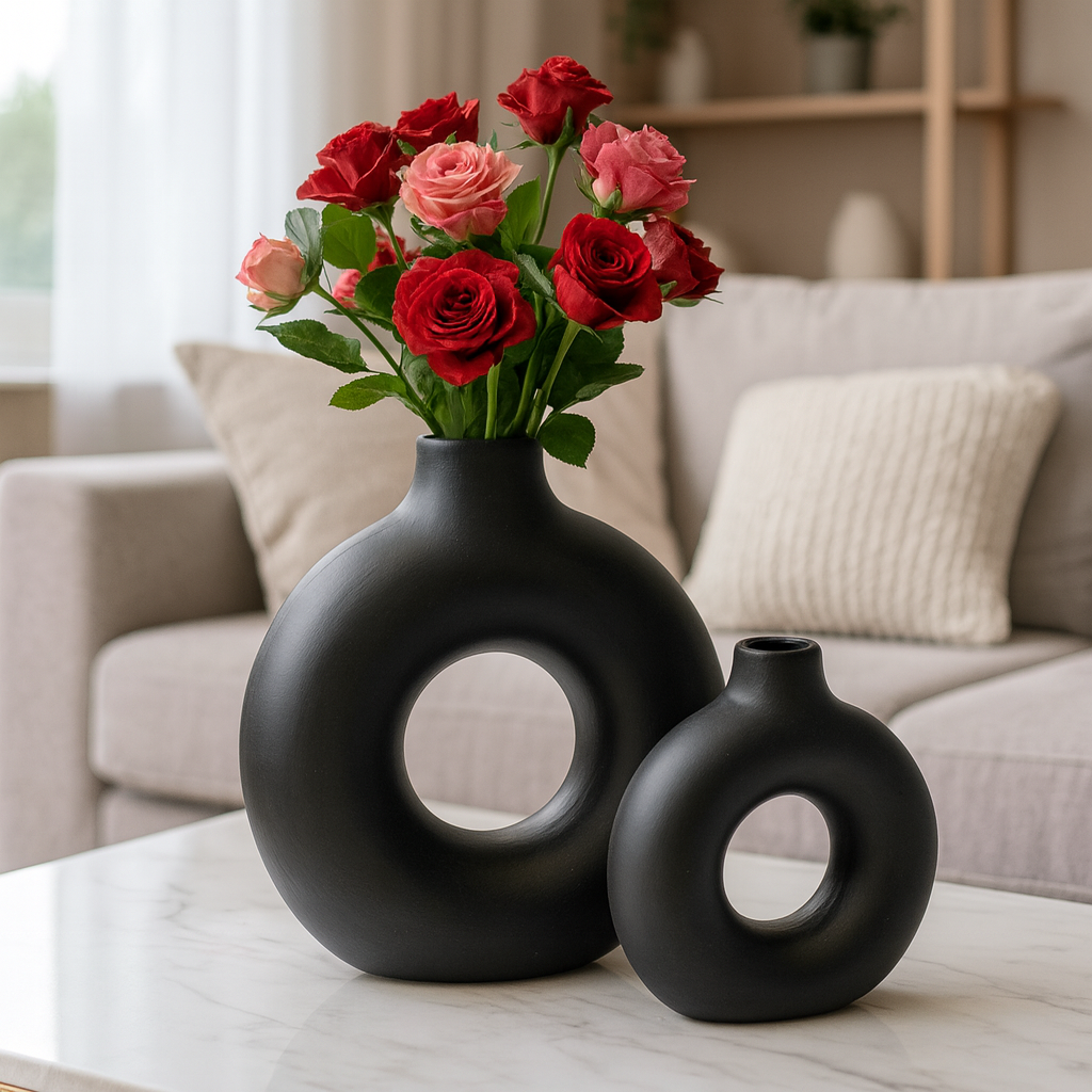 Seramik İkili Halkalı Dekoratif Vazo Seti - Siyah (K:19,5x18 cm / B:29x29 cm
