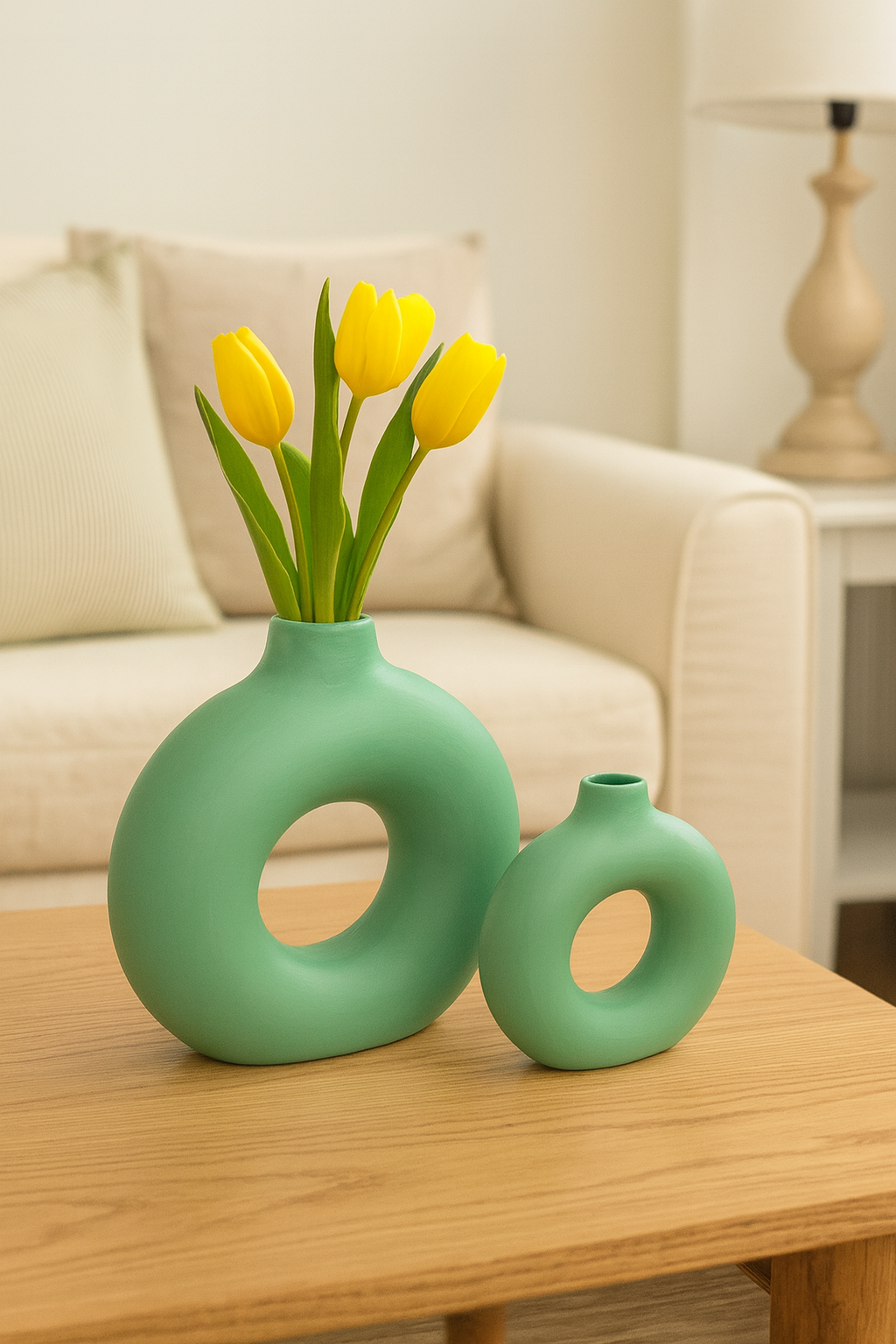 Seramik İkili Halkalı Dekoratif Vazo Seti - Yeşil (K:19,5x18 cm / B:29x29 cm)