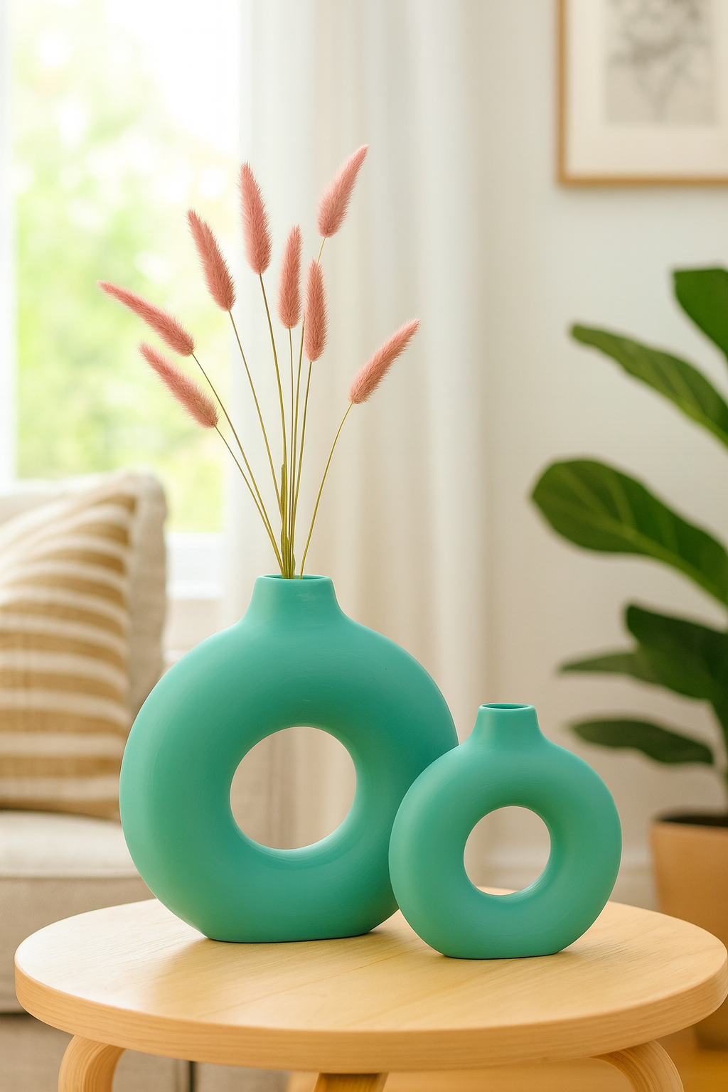 Seramik İkili Halkalı Dekoratif Vazo Seti - Yeşil (K:19,5x18 cm / B:29x29 cm)
