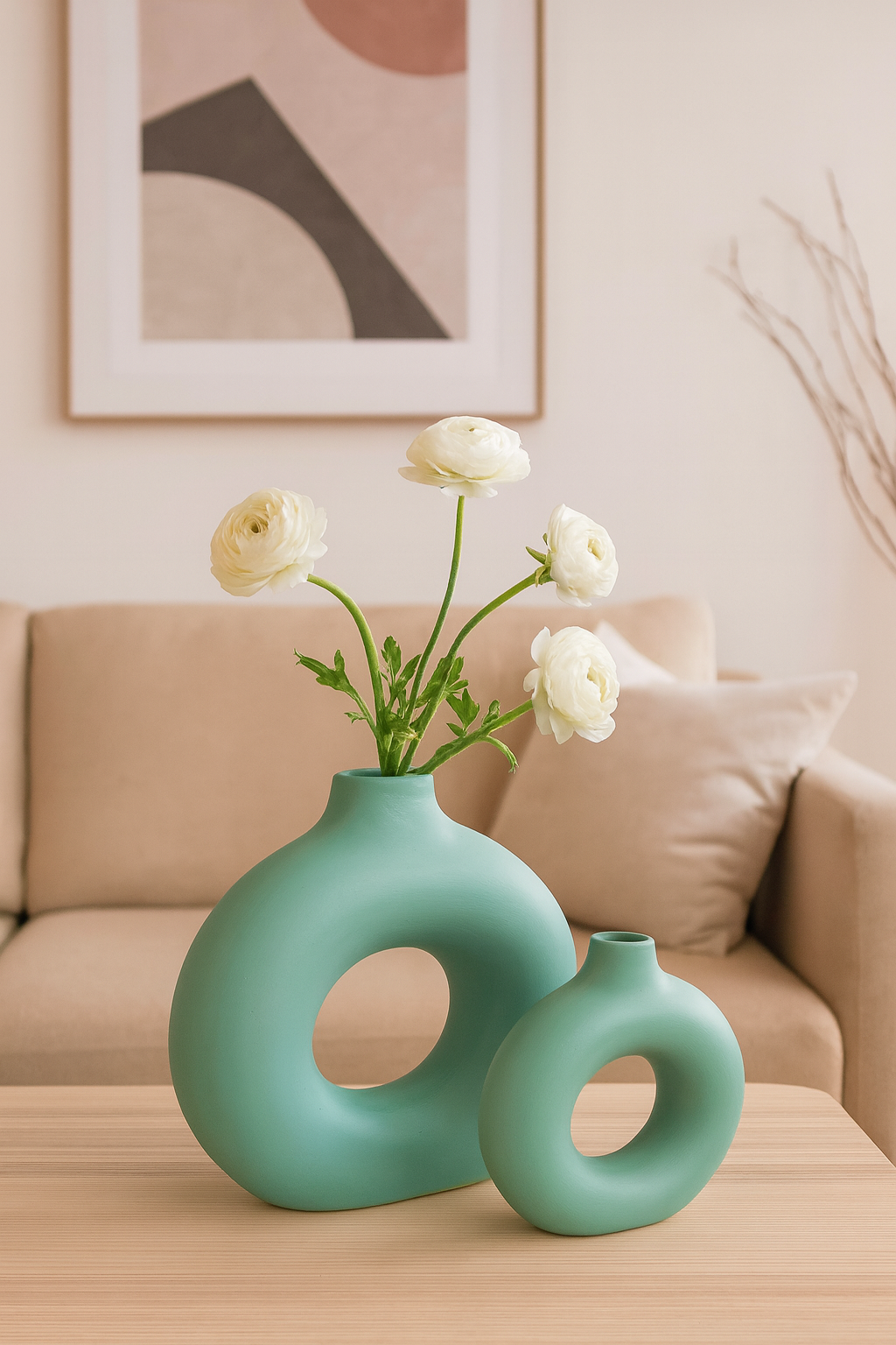 Seramik İkili Halkalı Dekoratif Vazo Seti - Yeşil (K:19,5x18 cm / B:29x29 cm)